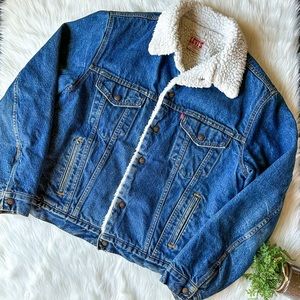 Levis Men's 80s 71608 0216 Sherpa Fur Denim Boa Jacket 44L Dark Red Tab Vintage